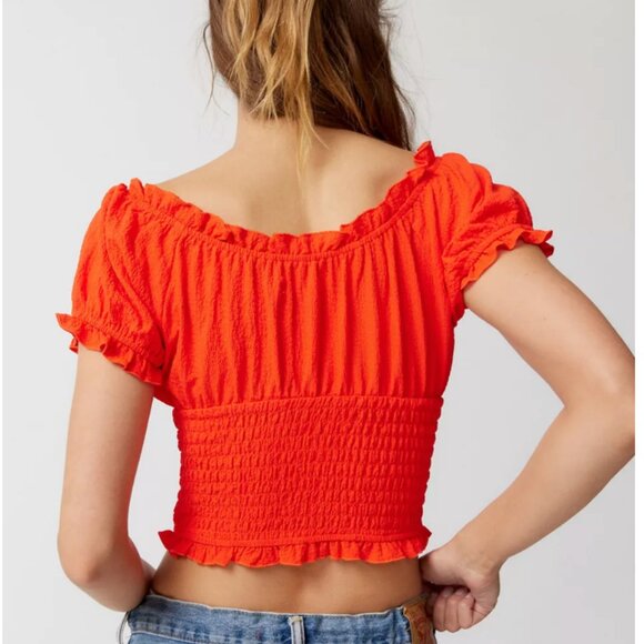 Urban Outfitters Red Hot Puff Sleeve Top - Off the Shoulder Shirred Blouse - Picture 4 of 9